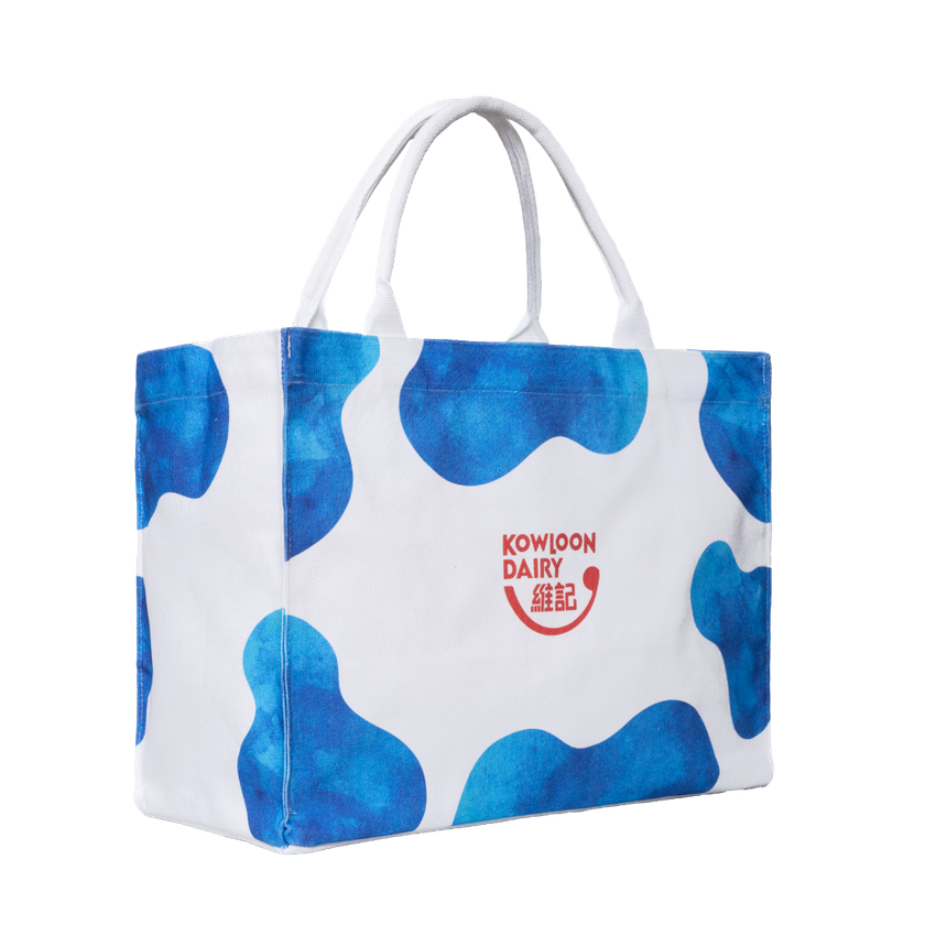 Kowloon Dairy Cow Print Canvas Tote Bag (Blue)